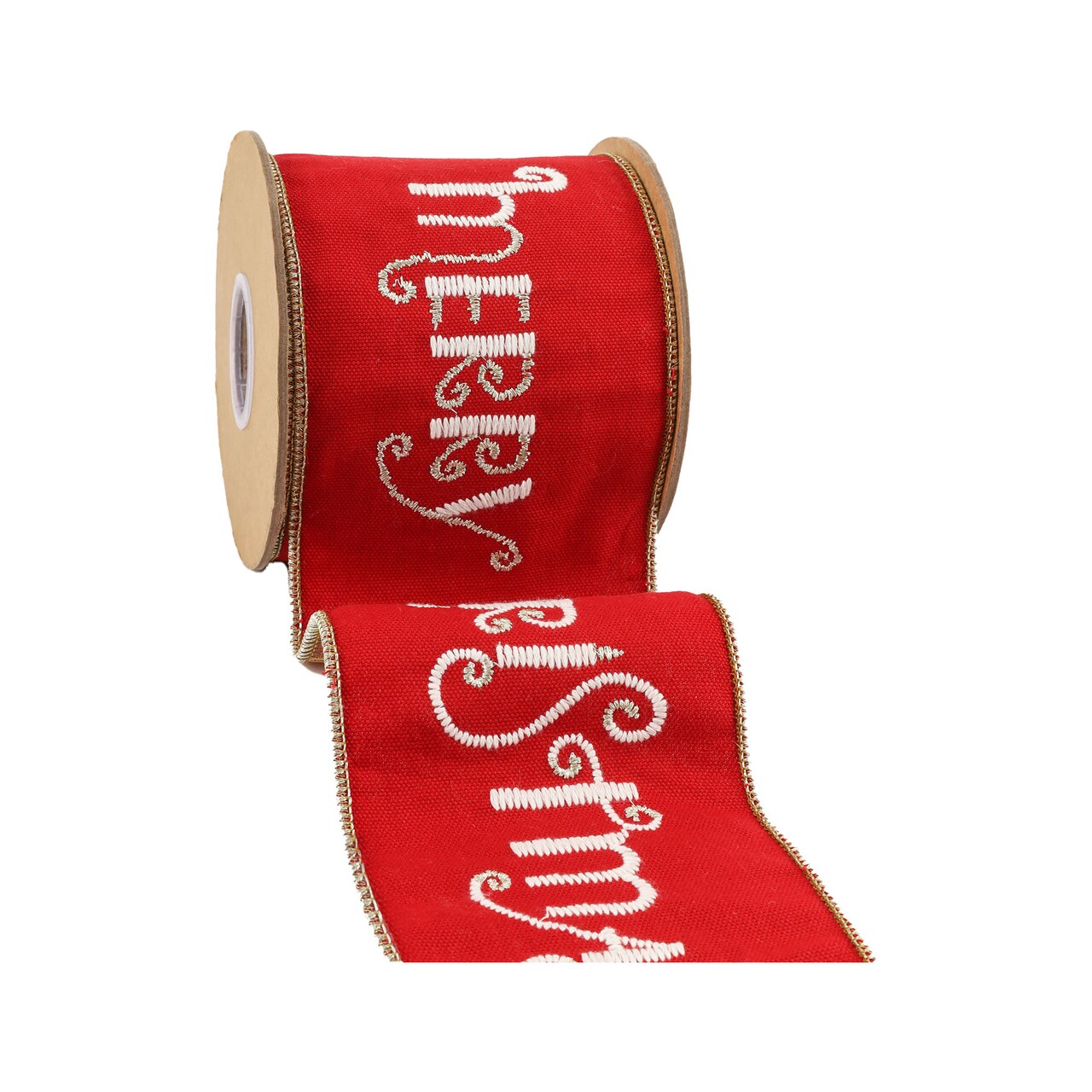 LaRibbons 4" Wired Ribbon | Merry Christmas Embroidered on Red Canvas w/ Tissue Backing | 5 Yard Roll